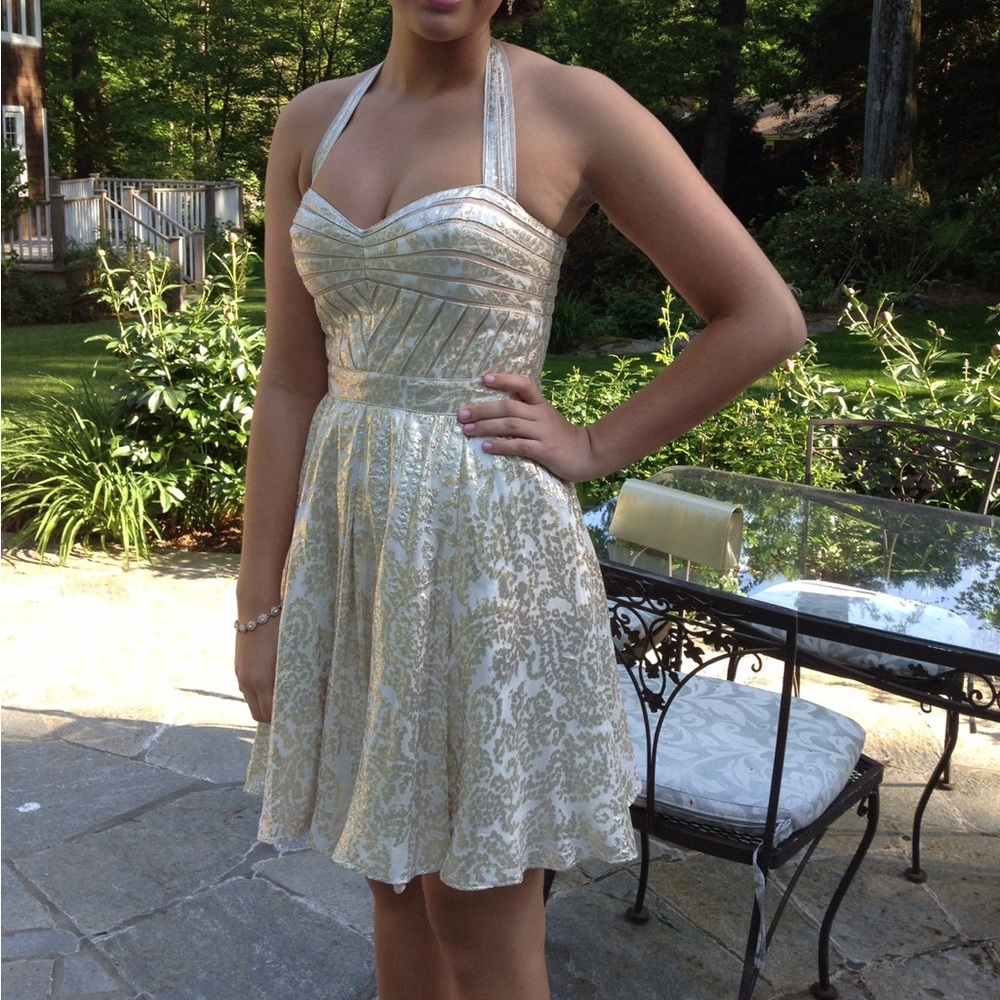 Aidan Mattox Gold Sleeveless Halter Mini Dress